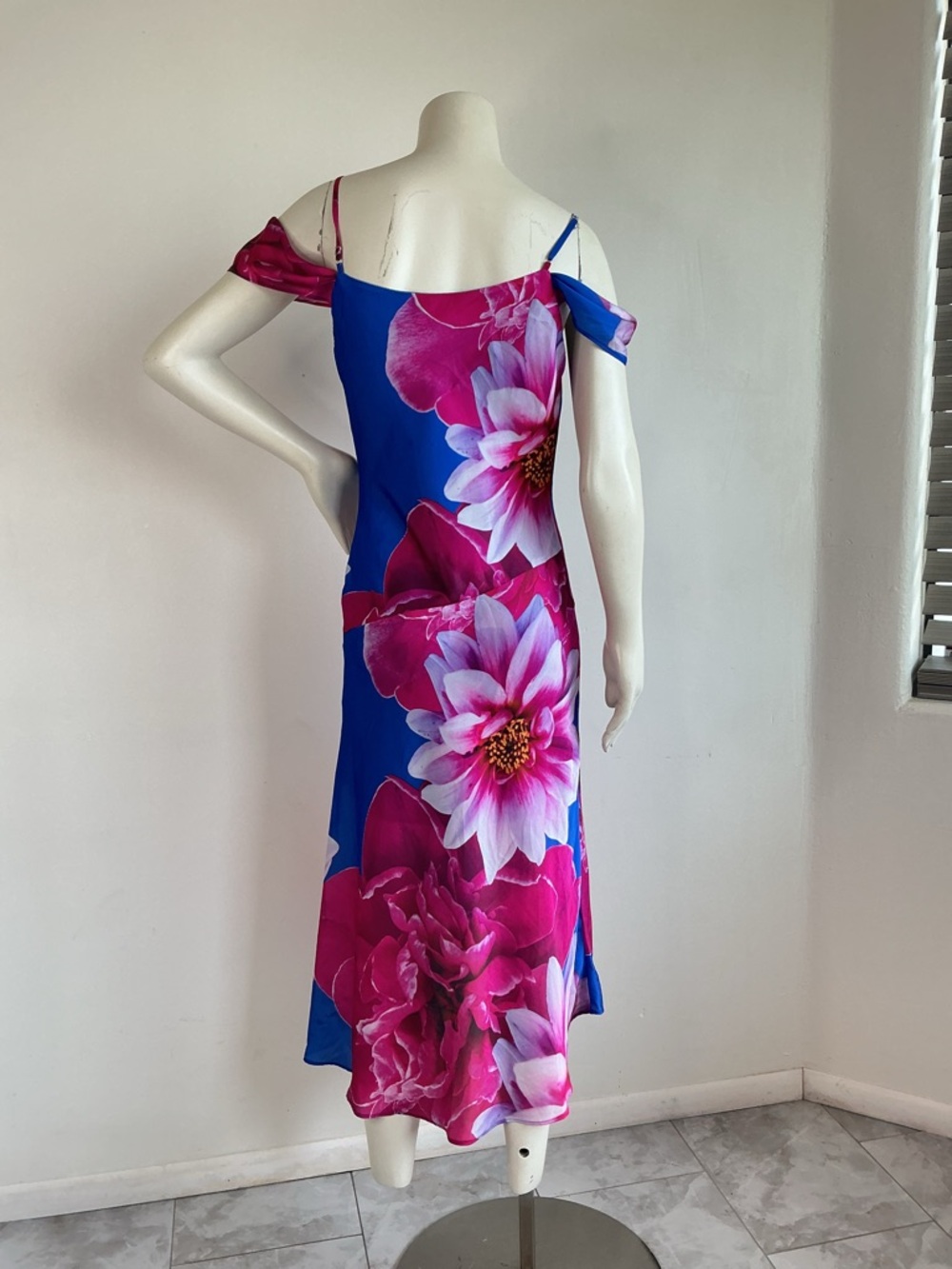 Blue Pink Floral Midi Dress Off Shoulder Satin Slip IN San Francisco M - Picture 2 of 6